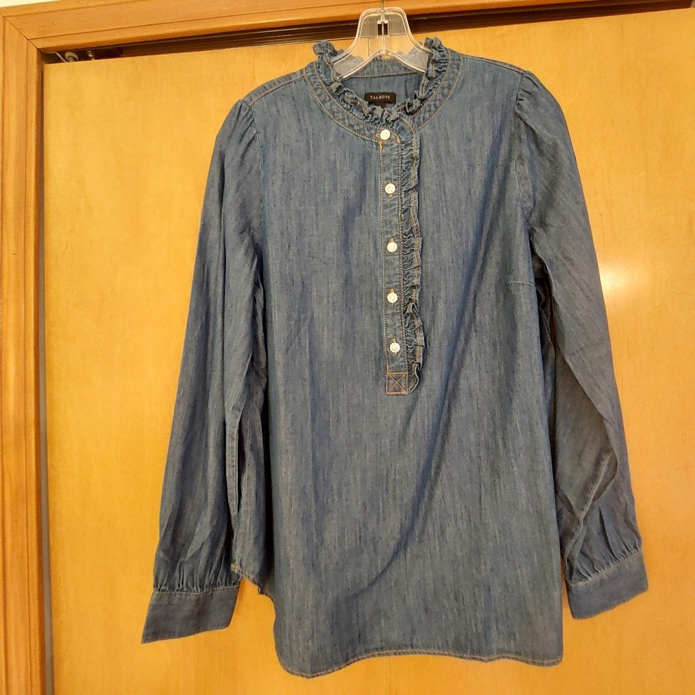 Talbots Wms Ruffle Collar Denim Popover Cotton Shirt Sparkle Buttons L NEW! $100 - Picture 10 of 13
